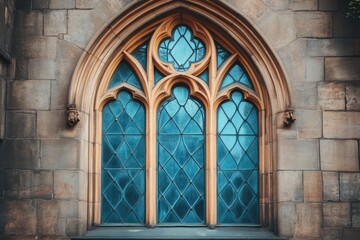 Fototapeta premium Sunlight streaming through an ornate gothic stained glass window set in a weathered stone wall creates a captivating scene