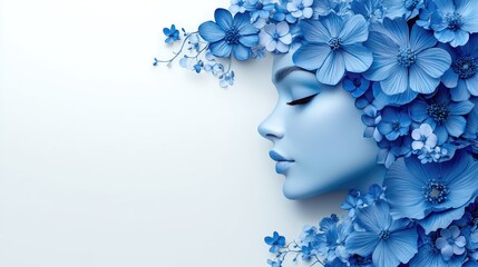 Serene profile of a woman adorned with blue flowers. Ideal for beauty, spa, or serenity concepts.