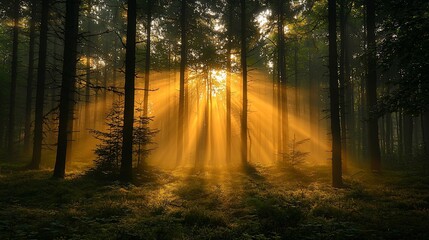 Fototapeta premium Sunbeams illuminating a misty forest at sunrise.