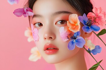 Fototapeta premium Asian woman with radiant pink eyeshadow, glossy lips, and striking blue eyes, surrounded by vibrant multicolored flowers