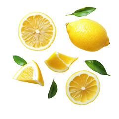 Fototapeta premium Fresh and juicy lemon slices with vibrant green leaves on a white background, half lemon and slices isolated, Fresh and Juicy Lemonwhite background
