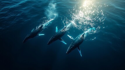 Fototapeta premium Group of Humpback Whales Swimming Under Bright Water Majestic Silhouette View. Generative AI
