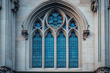 Obraz premium Sunlight filtering through an ornate, arched stained glass window, adding a touch of vibrant blue to the facade of a gothic cathedral