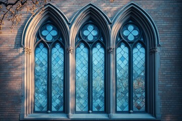 Sunlight illuminating four beautiful gothic arched windows reflecting the blue sky on a brick wall
