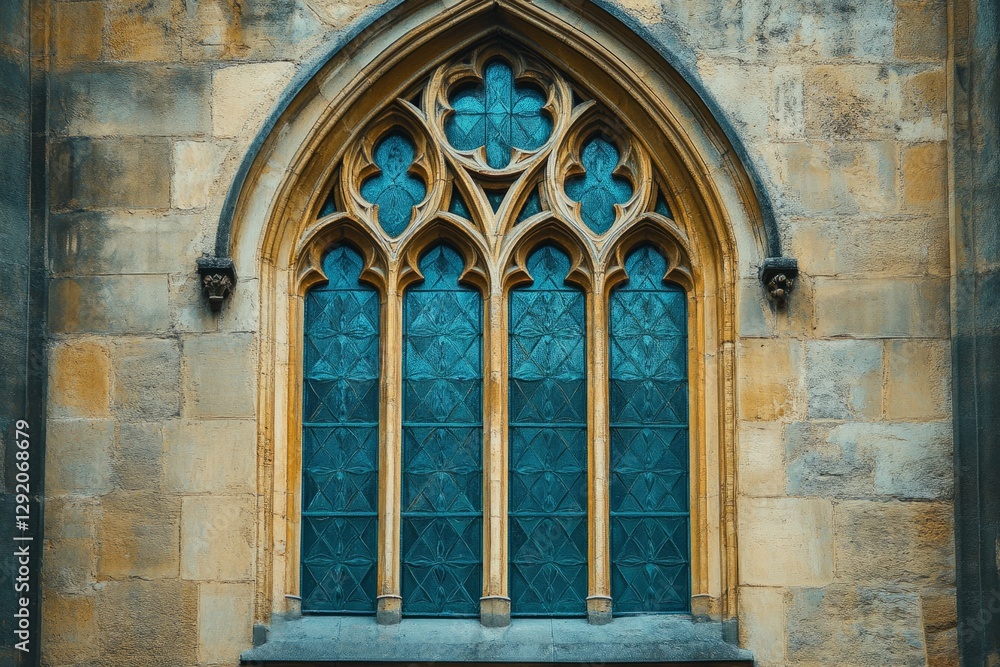 Poster sunlight streaming through an ornate gothic window, casting colorful patterns on ancient stone walls