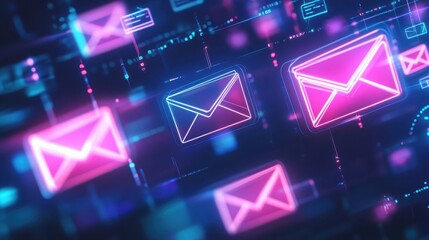 A visually striking digital display showcasing emails in lively neon colors set against a sleek, futuristic backdrop