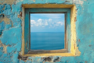 Scenic seascape viewed through weathered window on textured wall evokes peace and tranquility