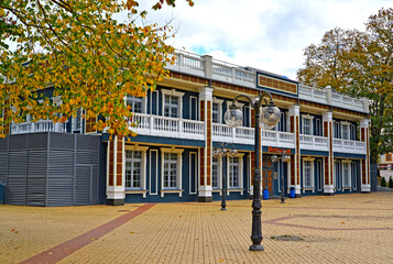 KALININGRAD REGION, RUSSIA. The building of the Amber Legend restaurant on an autumn day. Yantarny village