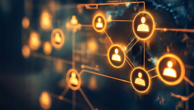 A holographic justice system connecting people globally through glowing digital icons