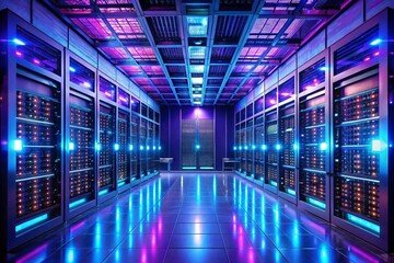 Obraz premium Futuristic Data Center with Neon Lights and AI Cloud Computing