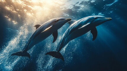 Naklejka premium Dolphins swimming under sun rays gracefully moving through the blue ocean. Generative AI