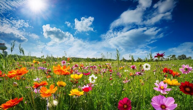vibrant colorful flowers in a lush green field under a bright blue sky with fluffy clouds