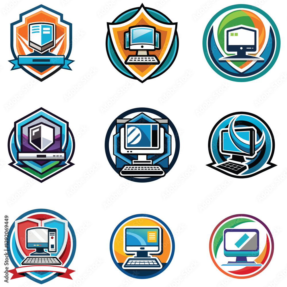 Poster 26colorful computer emblem set vector illustration featuring modern and retro desktop pc laptop digi