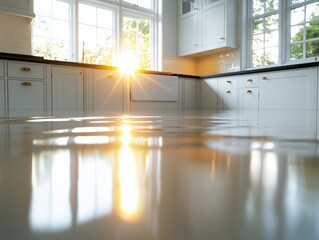 water damaged kitchen floor with reflection