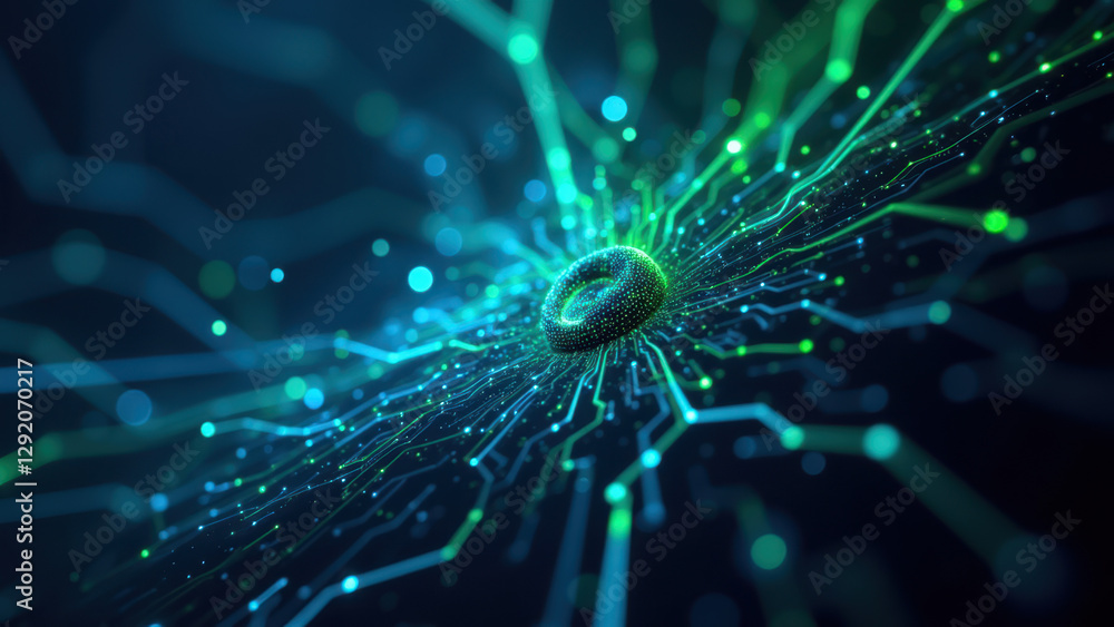 Poster image represents a concept of artificial general intelligence with abstract representation using gre