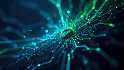 Fototapeta premium Image represents a concept of artificial general intelligence with abstract representation using green and blue light patterns resembling neural networks or digital circuitry.