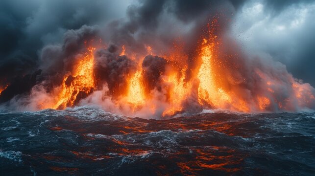 Fiery Lava Erupting from Underwater Volcano Creating Massive Waves. Generative AI