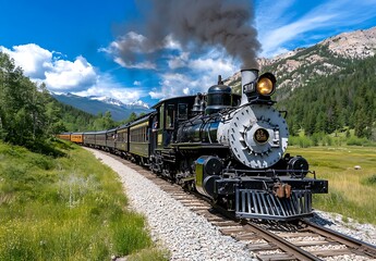 Steam engine train traveling along tracks in mountain landscape with blue sky, for tourism or transport