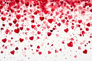 Red watercolor hearts falling on white background, creating romantic atmosphere for valentine's day or wedding