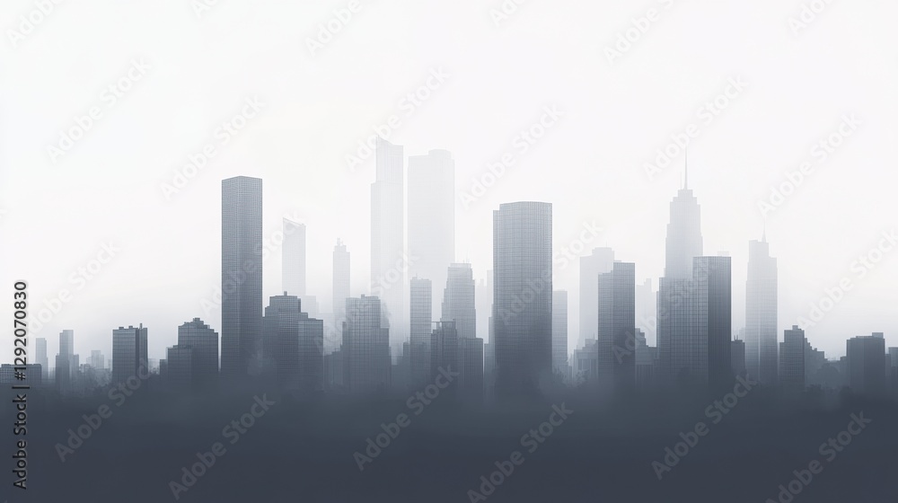 Aufkleber city in heavy gray smog with silhouettes of buildings fading into the haze and empty sky for text sp