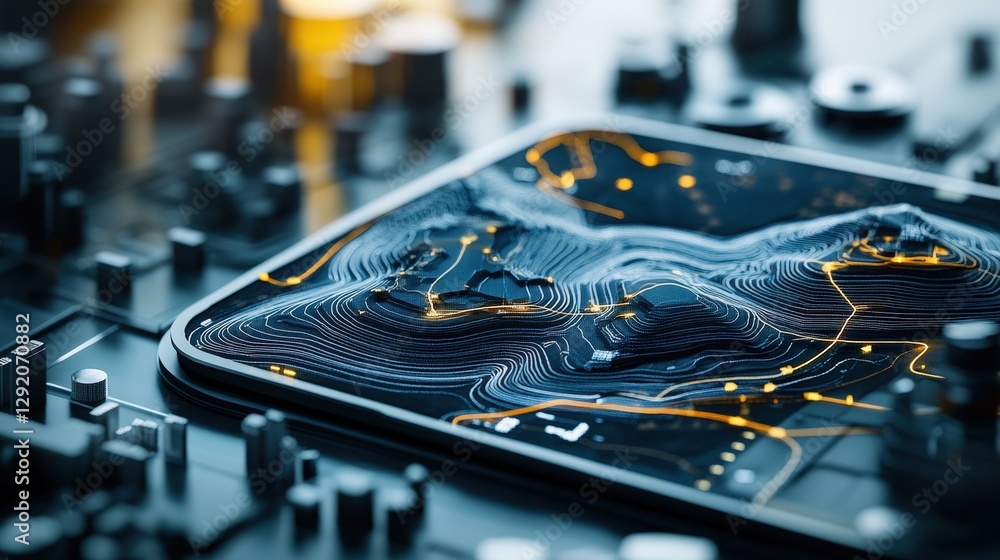 Poster close up of a smartphone displaying a circuit board and photo on its screen in a modern setting
