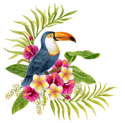 Toucan sits on branch in tropical flowers and lush greenery. Watercolor painting tropics composition consisting of  hibiscus, plumeria and green palm leaves.
