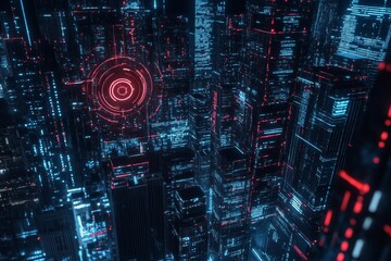 Naklejka premium Futuristic Cityscape, Digital Metropolis With Glowing Lines, Data Flow, And Neon Lights
