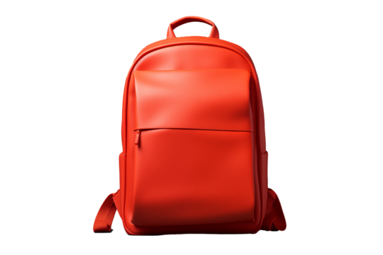 A vibrant red backpack isolated on a transparent background, showcasing its sleek design and practical features, perfect for stylish students and everyday use.