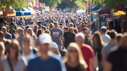 Obraz premium Crowded street fair bustling with people enjoying food, shopping, and entertainment on a sunny day in the downtown area