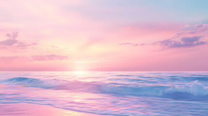 Fototapeta premium Pastel skies concept. a serene landscape showcasing soft pastel colors blending at sunset over calm waves. Soft Pastel Dreamscape. Illustration