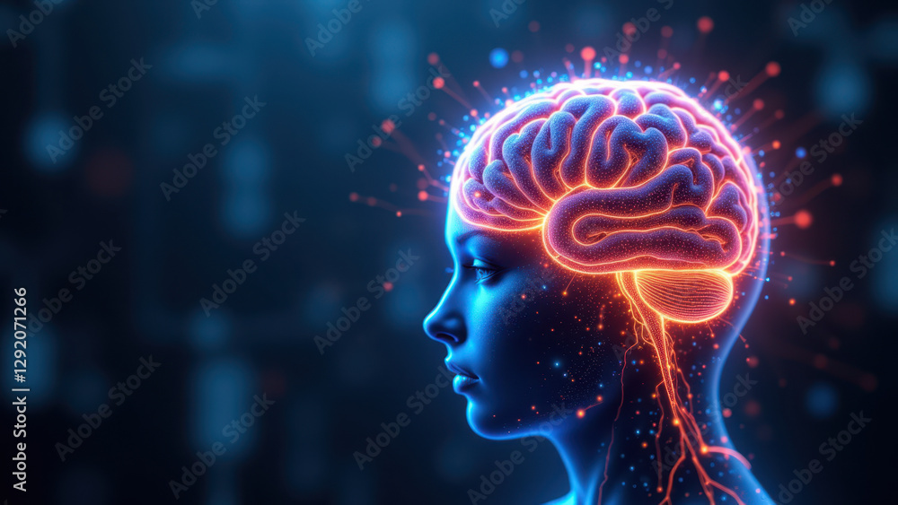 Poster artistic rendering of artificial general intelligence concept with human brain visualized as digital