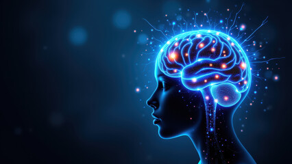 Obraz premium Artificial General Intelligence concept with a glowing brain inside human silhouette against space backdrop.