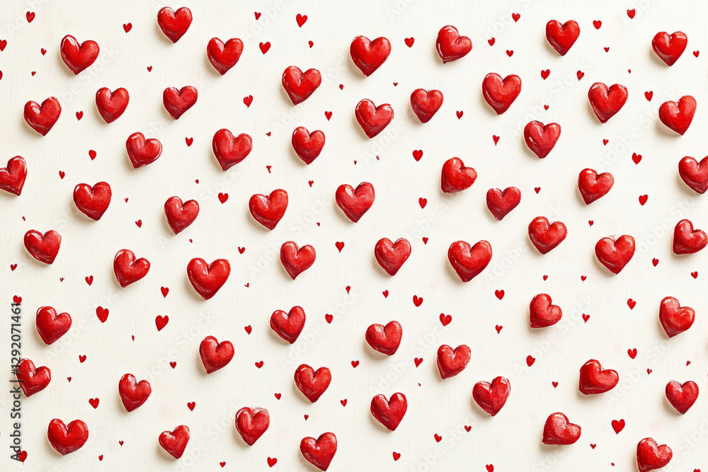 Poster many small and large red hearts creating a romantic pattern on a white background