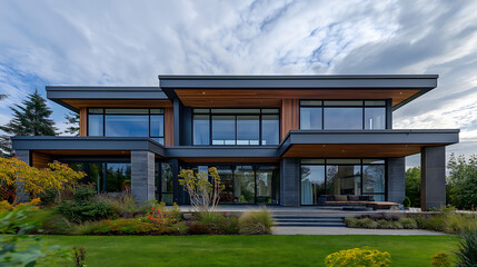 Fototapeta premium Modern eco-friendly house featuring solar panels and a rainwater collection system in a serene urban landscape