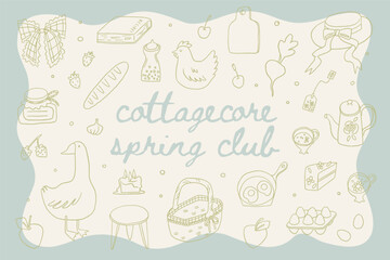 Set of cute spring easter cottagecore illustrations. Farmhouse elements, bows, ribbon, bouquet, flowers, goose, chicken. Gardening, countryside lifestyle. Summer village. Vector cottage core graphic