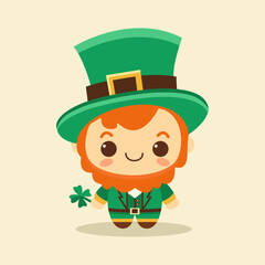 A cute leprechaun character in a green suit, holding a shamrock, on a light background. St. Patrick's Day. Vector illustration.