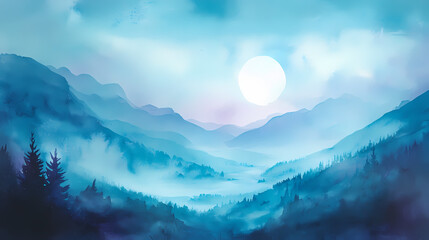 Watercolor landscape painting shows a moonlit pastel colored valley. Soft Pastel Dreamscape. Illustration