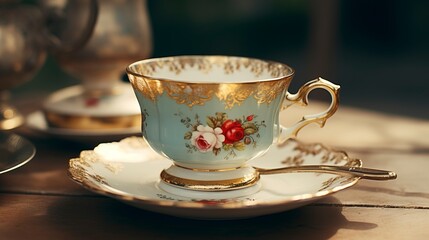 A photo of an empty vintage teacup with delicate design.