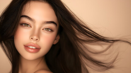 Naklejka premium Beauty model showcases gentle smile and smooth skin against a soft beige background during a serene photoshoot