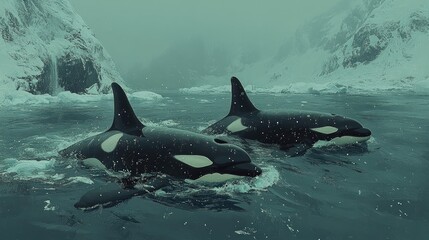 Fototapeta premium Two orcas swim in icy arctic waters. Perfect for wildlife, nature, and travel projects.