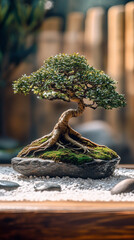Photograph of a miniature bonsai tree with an intricate root system displayed in a Zen garden. The tree is surrounded by raked white gravel and smooth stones.