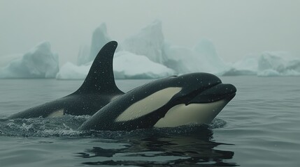 Fototapeta premium Orca whale surfacing near iceberg in arctic. Perfect for documentaries, wildlife sites, or travel blogs showcasing nature's beauty.