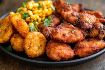 fried chicken and corn on a black plate.