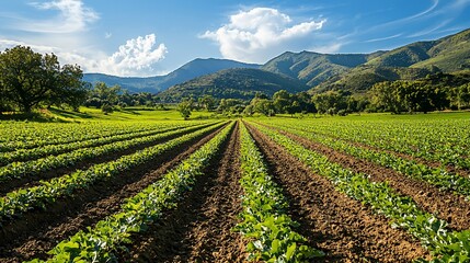 Lush green rows of crops in a fertile valley against a backdrop of mountains under a vibrant sky.
