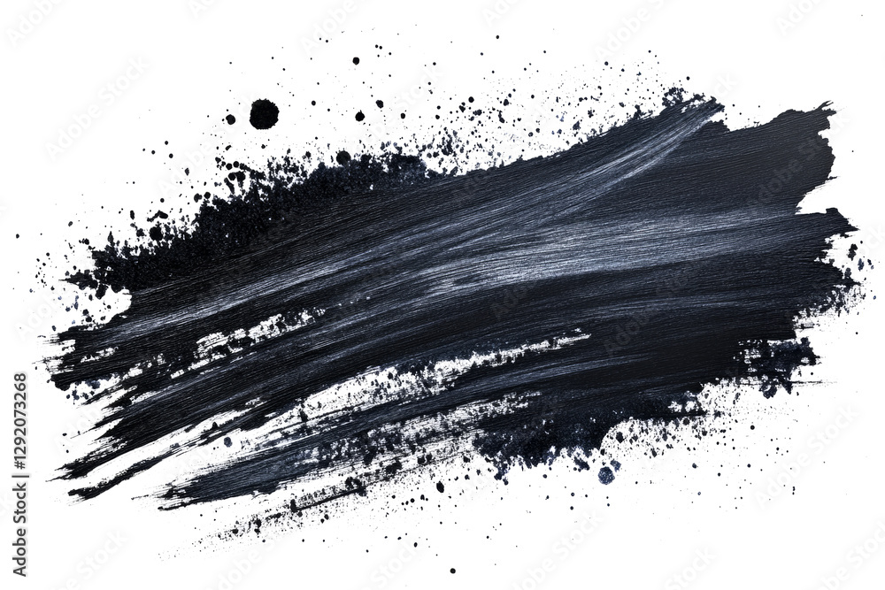 Poster wide brushstroke of black paint creating a dynamic texture with splatters, isolated on white