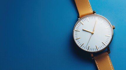 Elegant wristwatch with a minimalist design resting on a bright blue surface, showcasing its classic features and simplicity