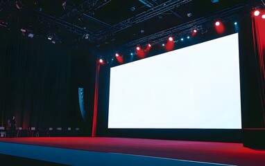  Large white display screen positioned on stage, intended for business presentation exhibits 