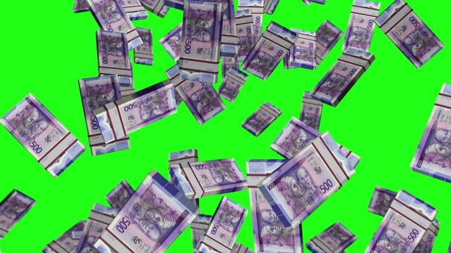 Jamaica dollar 500 JMD banknote packs falling loop. Jamaican money note fall. 3D seamless looped isolated abstract concept of economy, finance, crisis, success and banking. Green screen.