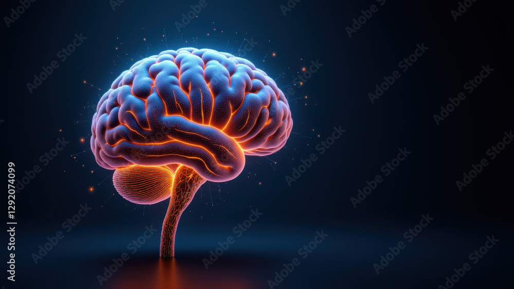 Poster illustration of an artificial human brain in a scientific setting with glowing particles, symbolizin