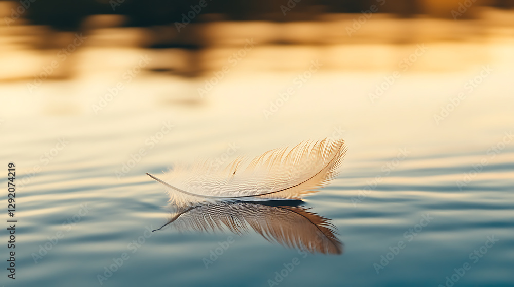 Poster feather floating on water: a tranquil scene of a delicate feather resting gently on a calm body of w